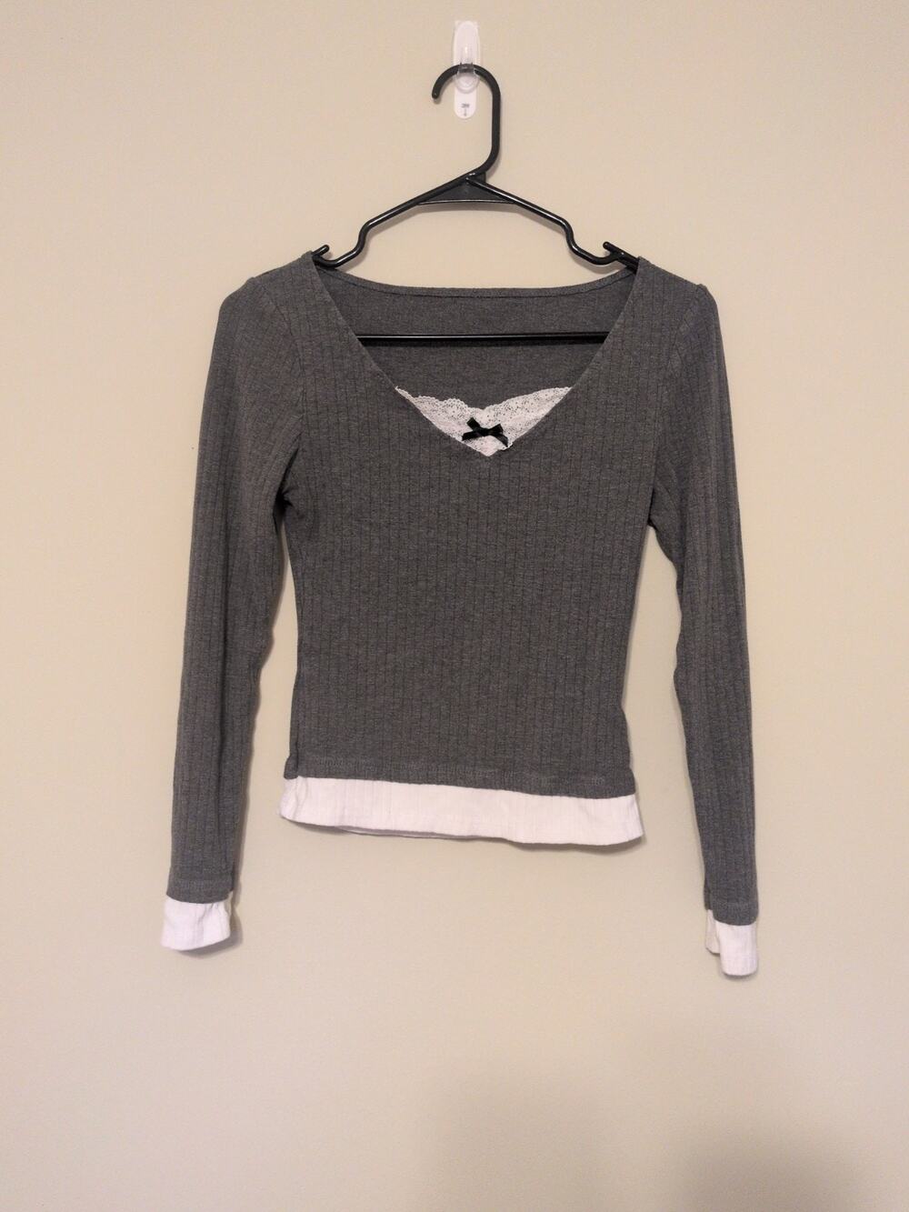 Coquette Soft Girl Grey Double Layered Ribbed Knit Top with Lace & Bow